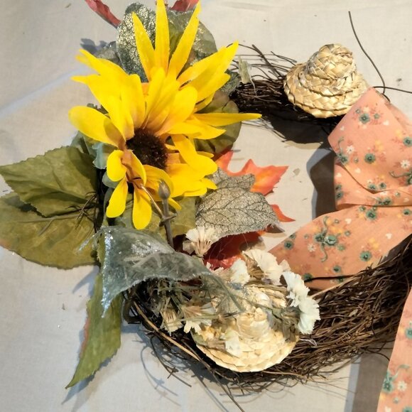 Rustic Fall Grapevine Wreath Sunflower Floral Ribbon Wicker Hat Brown Orange 8 i - Picture 3 of 7